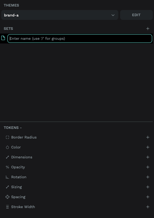 the design tokens panel UI with a form input for a new set name