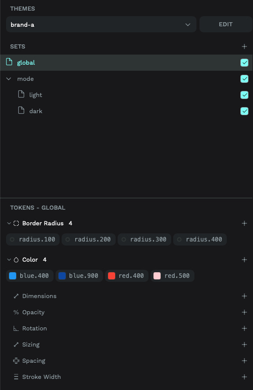 an example of the Penpot UI for Design Tokens showing a theme selected, the token sets that are active and some groups of design tokens underneath