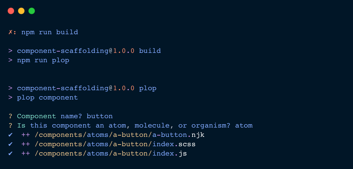 a screenshot of terminal code where we have run 'npm run build' and are asked 'Component name?' After this it asks if the component is an atom, molecule, or organism, and gives us a list of those items to select. Selecting atom - it creates three files. This time the atoms is abbreviated to a- for the component files and folder name