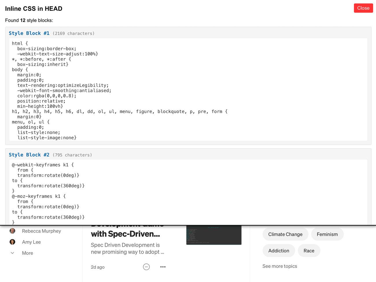 a screenshot showing results of this bookmarklet